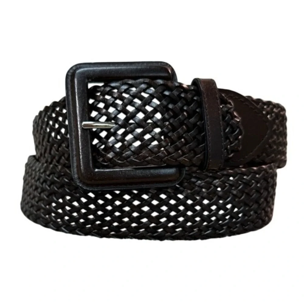 New York & Company Womens Braided Bonded Leather Belt Brown L/XL Square Buckle
